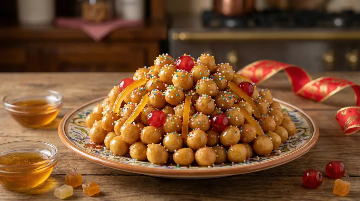 Piatto di struffoli decorati con miele, confettini colorati e frutta candita su tavolo rustico
