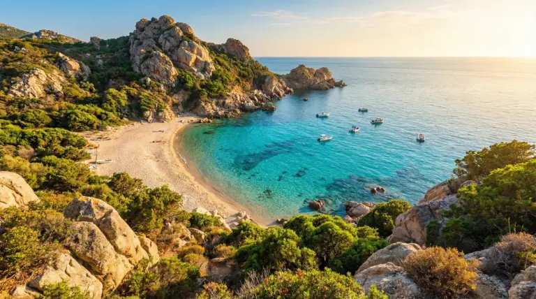 Spiaggia sabbiosa con mare turchese circondata da rocce e vegetazione mediterranea