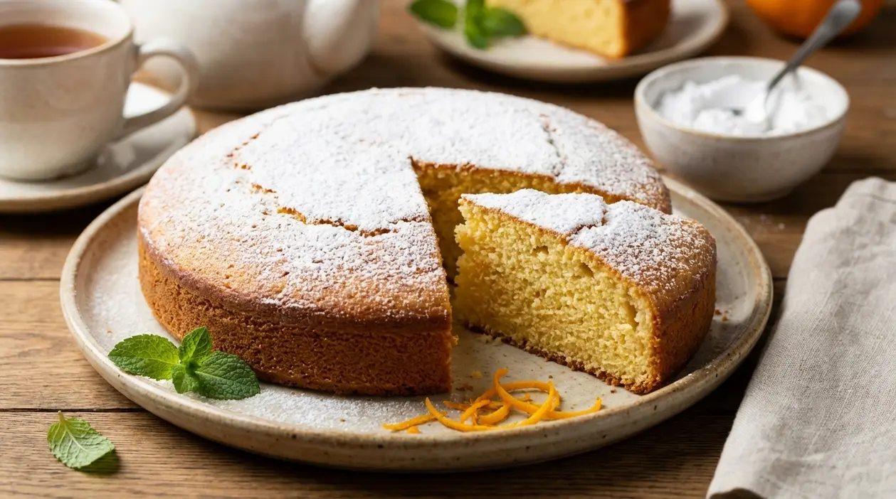 Torta soffice spolverata di zucchero a velo con una fetta tagliata, servita su piatto con scorza d’arancia e menta