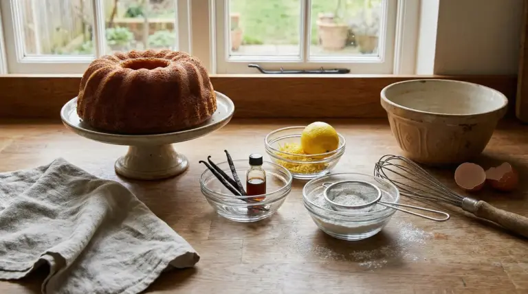 Ciambellone soffice su alzata con limone, vaniglia e ingredienti da forno su tavolo di cucina
