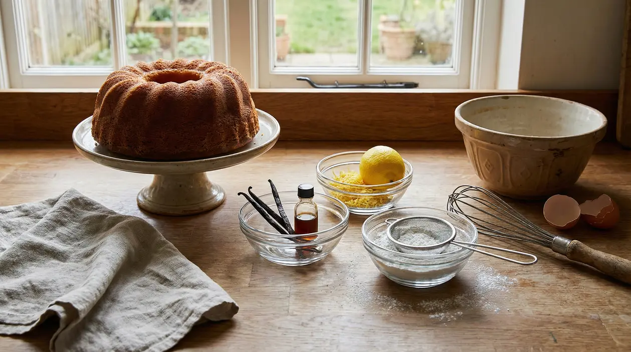 Ciambellone soffice su alzata con limone, vaniglia e ingredienti da forno su tavolo di cucina