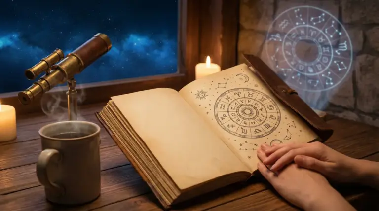 Mani poggiate su un libro antico aperto su simboli zodiacali, con telescopio e tazza su un tavolo