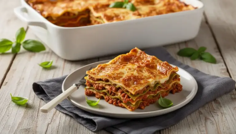 Porzione di lasagna alla bolognese servita su un piatto con teglia sullo sfondo