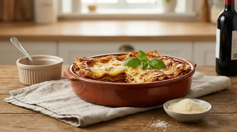 Lasagna appena sfornata in teglia di terracotta con basilico fresco sopra