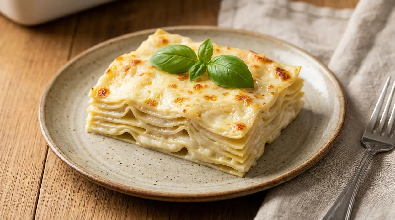 Fetta di lasagna bianca leggera e cremosa con basilico su piatto, su tavolo di legno