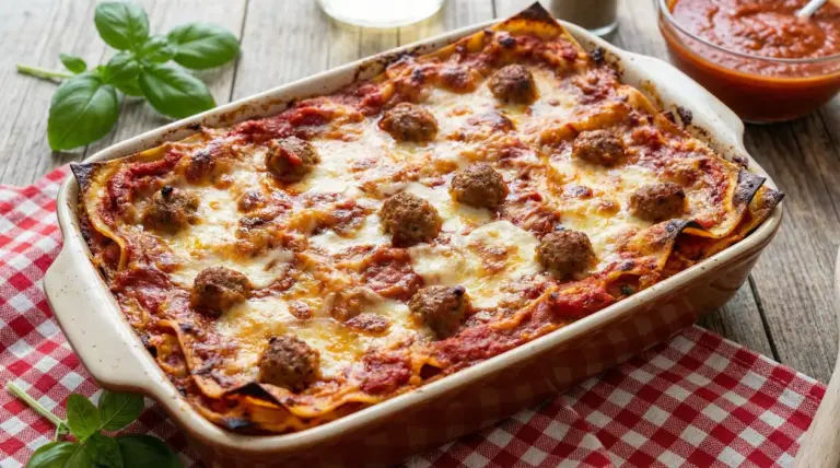 Lasagna napoletana fatta in casa con polpette e sugo di pomodoro