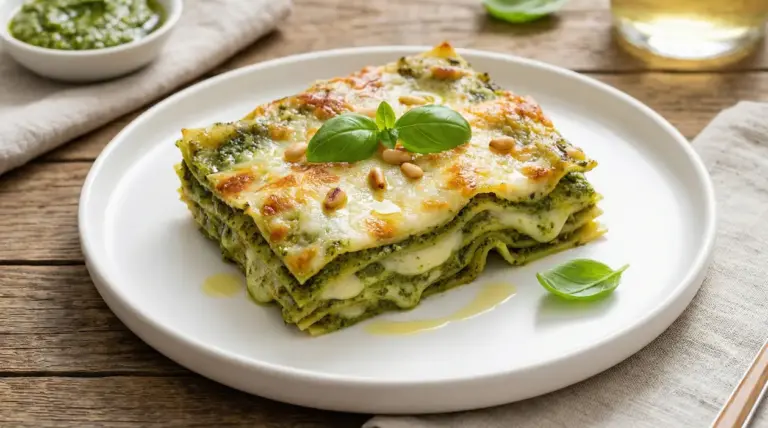 Porzione di lasagne al pesto servita su un piatto bianco con basilico e pinoli