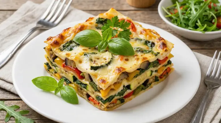 Lasagna vegetariana con verdure grigliate e besciamella servita su un piatto bianco
