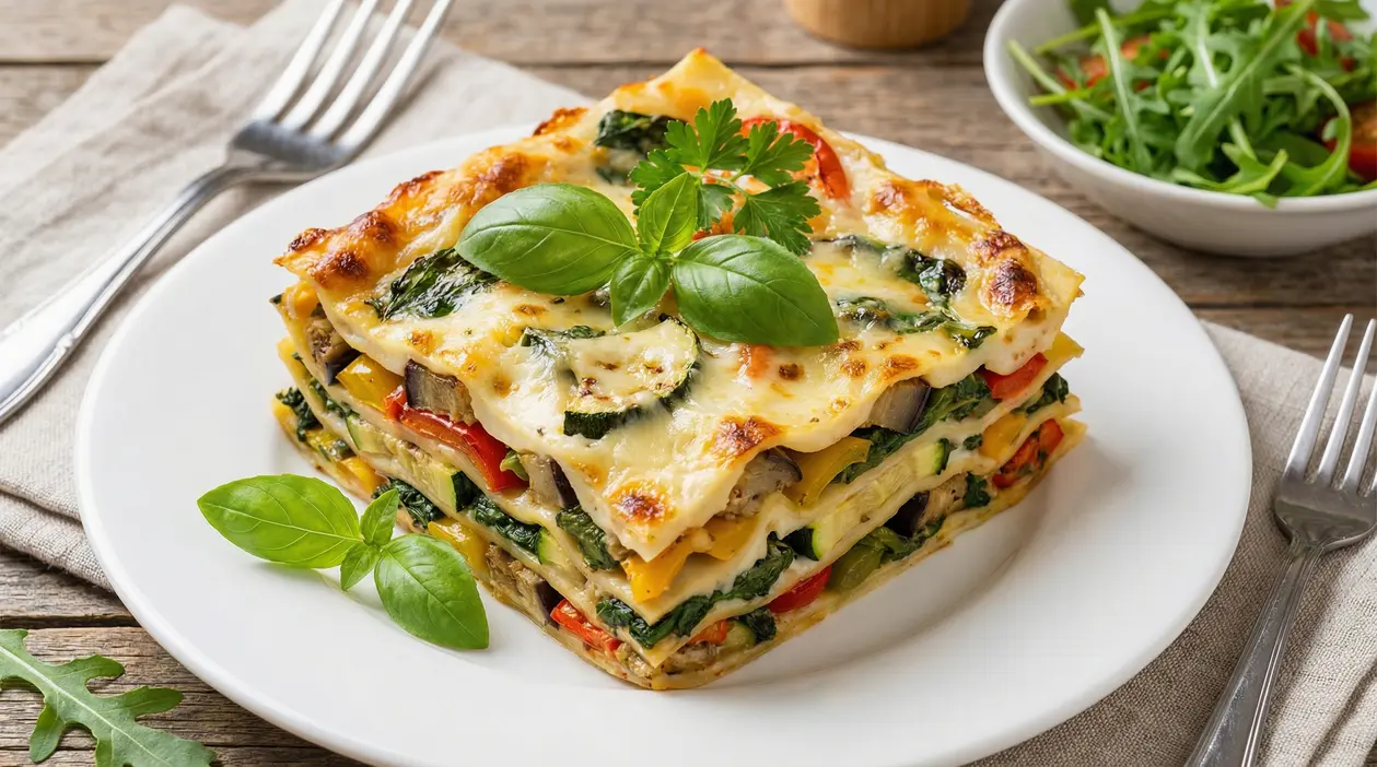 Lasagna vegetariana con verdure grigliate e besciamella servita su un piatto bianco