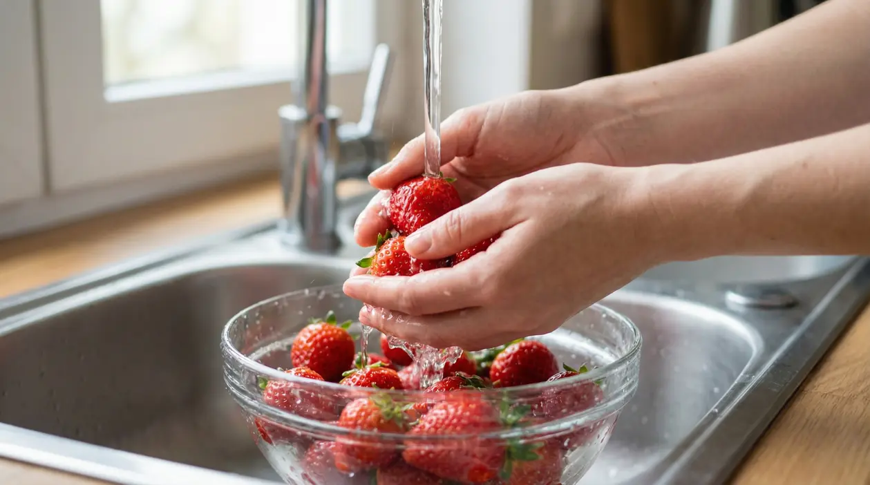 Mani che lavano fragole fresche sotto l'acqua corrente in cucina