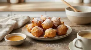 Piatto di frittelle dorate con zucchero a velo su tavolo rustico, accompagnate da miele e caffè