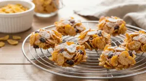 Biscotti rose del deserto con cornflakes e uvetta su una griglia da raffreddamento