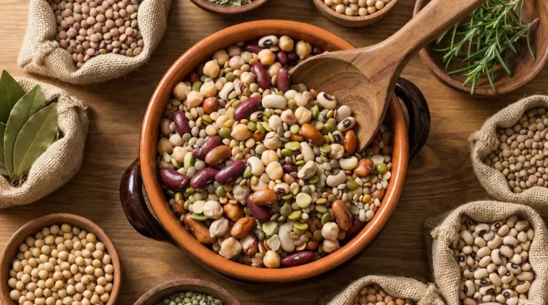 Ciotola di legumi misti secchi con cucchiaio di legno su tavolo in legno