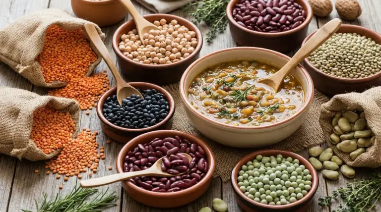 Assortimento di legumi secchi e zuppa di legumi in ciotole, con lenticchie, ceci, fagioli e piselli