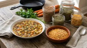 Zuppa di lenticchie con pasta e verdure, con lenticchie secche in barattoli su un tavolo rustico