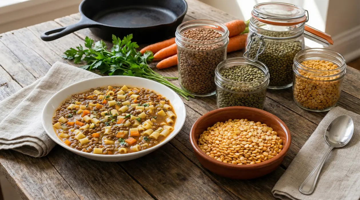 Zuppa di lenticchie con pasta e verdure, con lenticchie secche in barattoli su un tavolo rustico