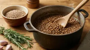 Lenticchie cotte in una pentola di ghisa con un cucchiaio di legno su un tavolo in legno