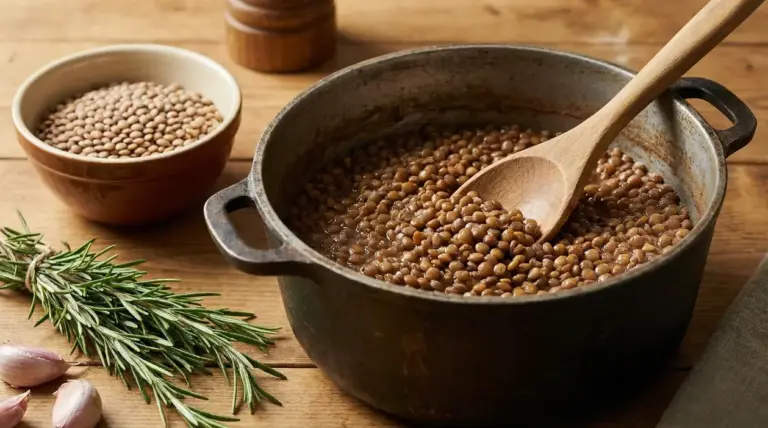 Lenticchie cotte in una pentola di ghisa con un cucchiaio di legno su un tavolo in legno