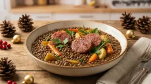 Piatto di lenticchie con cotechino, patate e carote su tavola decorata per le feste