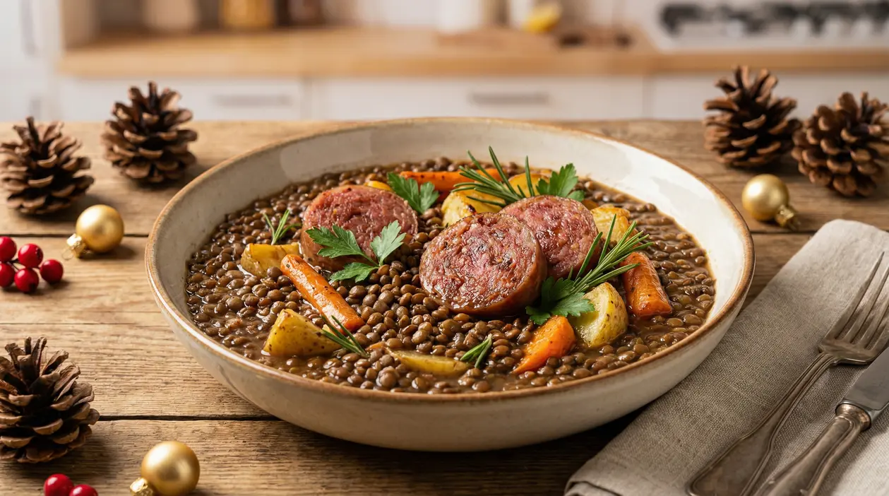 Piatto di lenticchie con cotechino, patate e carote su tavola decorata per le feste