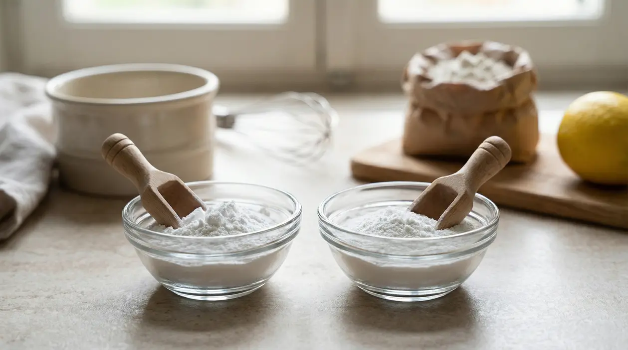 Due ciotole di vetro con polveri bianche e palette in legno su un piano da cucina