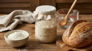 Barattolo di lievito madre attivo su tavolo di legno con farina e pane casereccio appena sfornato