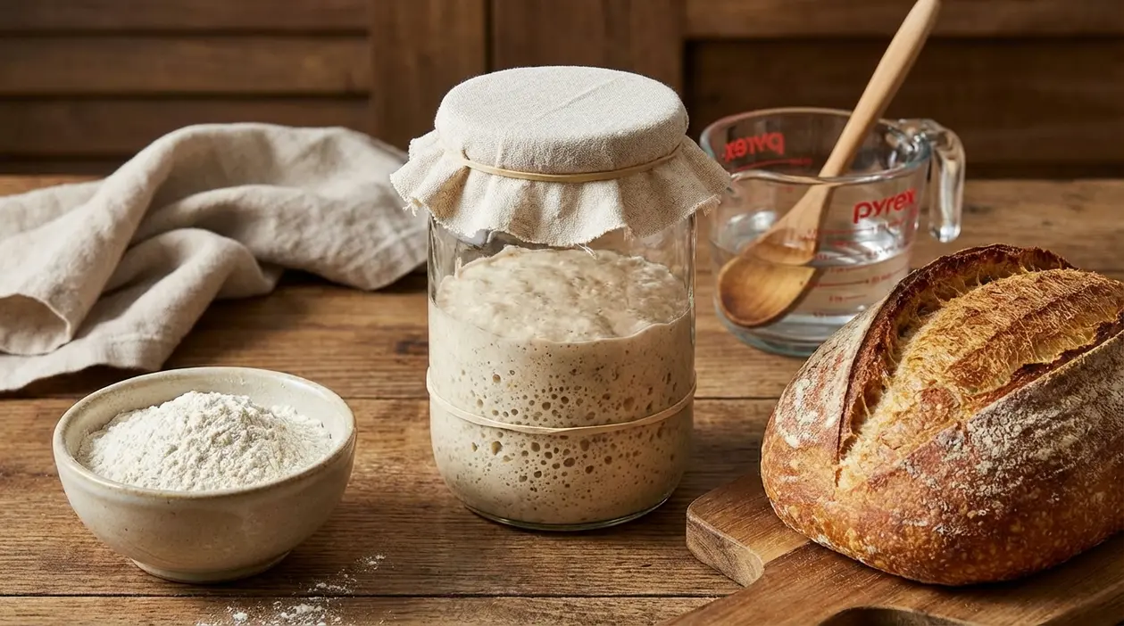 Barattolo di lievito madre attivo su tavolo di legno con farina e pane casereccio appena sfornato