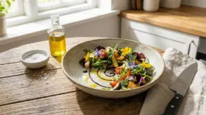 Piatto di insalata colorata con fiori eduli e verdure, su tavolo in legno vicino a una finestra