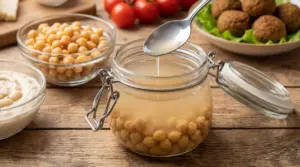 Barattolo con ceci e liquido di conservazione versato da un cucchiaio su un tavolo da cucina