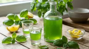 Bottiglia e bicchierini di liquore al basilico verde su tavolo di legno, con foglie di basilico e limone