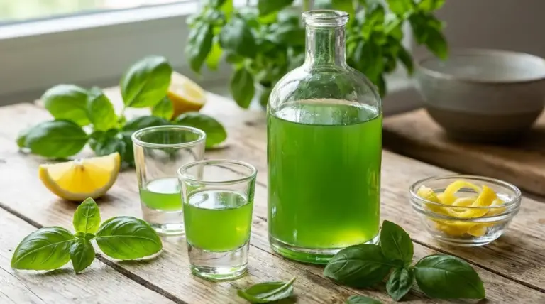 Bottiglia e bicchierini di liquore al basilico verde su tavolo di legno, con foglie di basilico e limone
