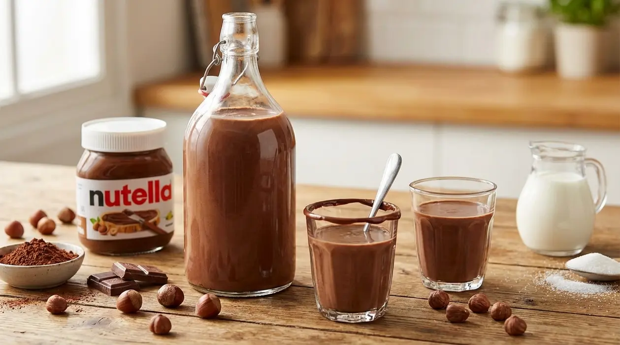 Bottiglia e bicchieri di liquore alla Nutella fatti in casa con crema di nocciole, latte e cioccolato