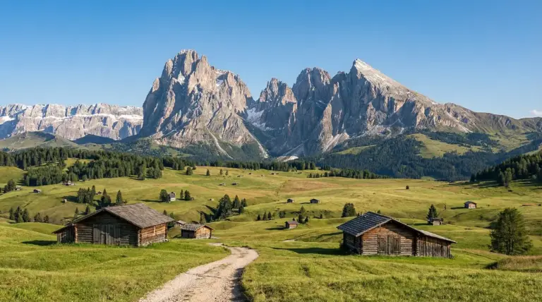 Paesaggio montano con baite in legno e vette rocciose sullo sfondo
