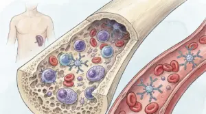 Illustrazione di cellule nel midollo osseo e nel flusso sanguigno, legata alla macroglobulinemia di Waldenström