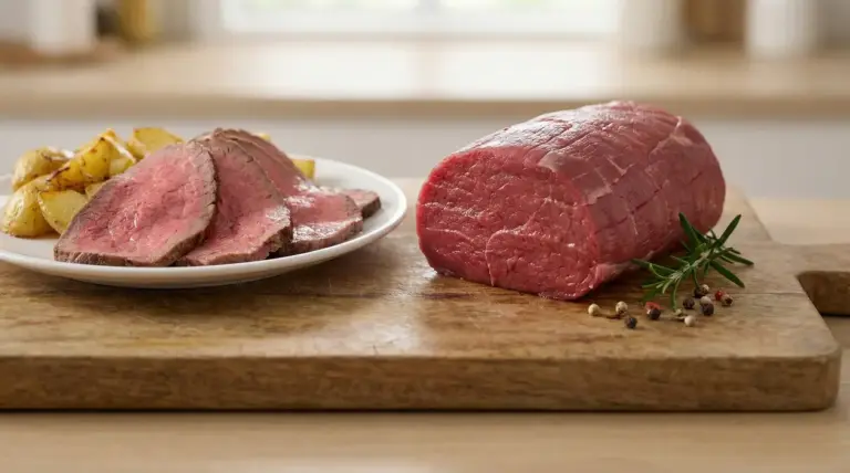 Fette di magatello cotto con patate e pezzo intero di carne cruda su tagliere di legno