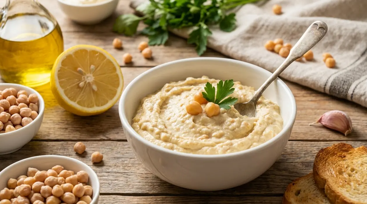 Ciotola di maionese di ceci fatta in casa con cucchiaio, ceci, limone e olio su tavolo di legno