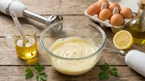 Ciotola con maionese fatta in casa, uova, olio, limone e termometro su tavolo di legno