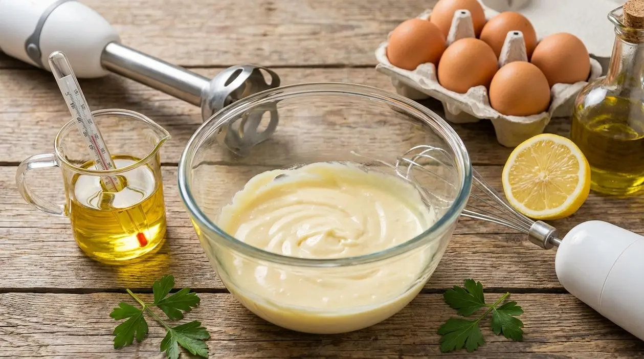 Ciotola con maionese fatta in casa, uova, olio, limone e termometro su tavolo di legno