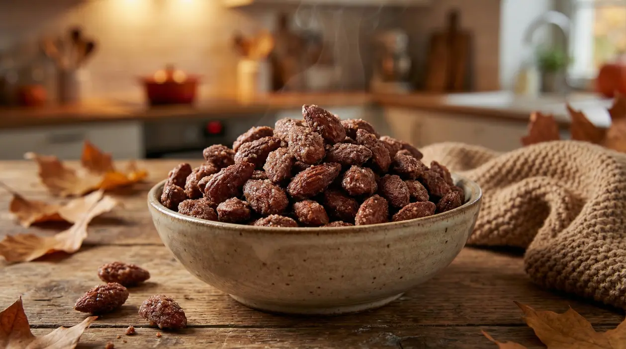 Ciotola di mandorle pralinate su tavolo in legno con foglie autunnali