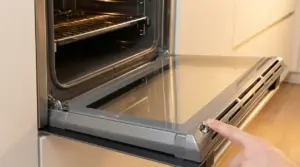 Una mano indica una manopola sullo sportello aperto di un forno da cucina