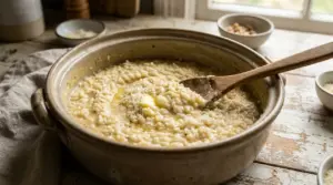 Risotto cremoso in pentola con cucchiaio di legno, burro e formaggio mentre si manteca