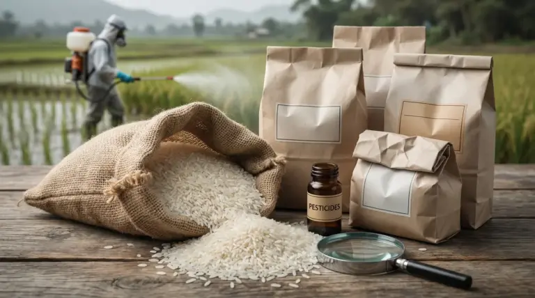 Sacchi di riso su un tavolo con un flacone di pesticidi e una persona che spruzza nei campi