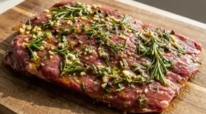 Carne magra marinata con erbe aromatiche su un tagliere di legno