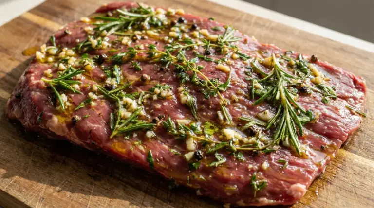Carne magra marinata con erbe aromatiche su un tagliere di legno