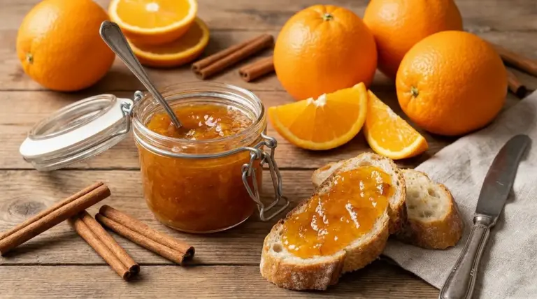 Barattolo di marmellata di arance e cannella con fette di pane, arance fresche e stecche di cannella