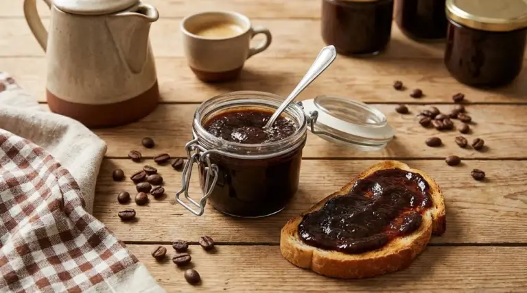 Barattolo di marmellata di caffè con cucchiaino e fetta di pane spalmata su tavolo di legno con chicchi di caffè