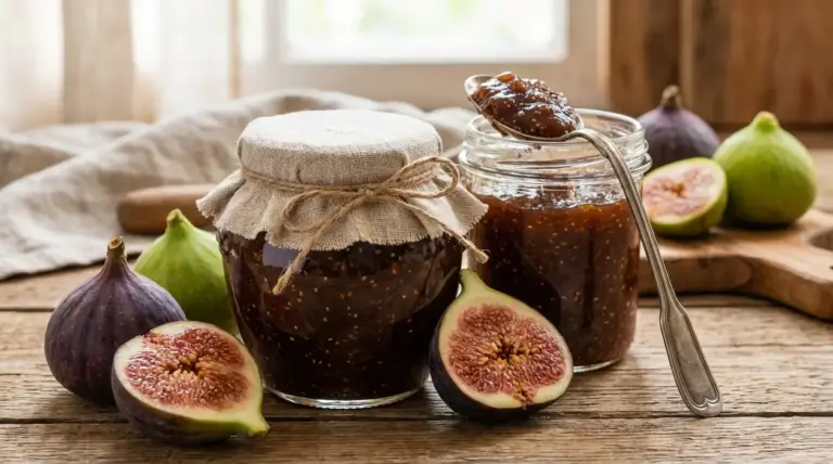 Vasetti di marmellata di fichi fatta in casa su tavolo in legno, con fichi freschi interi e tagliati