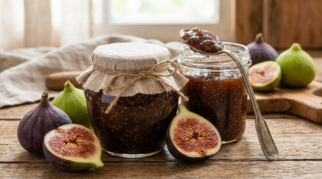 Vasetti di marmellata di fichi fatta in casa su tavolo in legno, con fichi freschi interi e tagliati