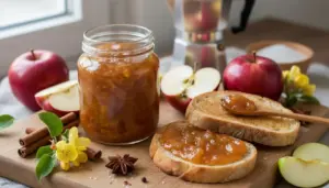 Marmellata fatta in casa senza zucchero su fette di pane con mele e spezie