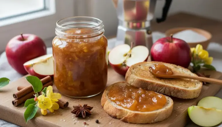 Marmellata fatta in casa senza zucchero su fette di pane con mele e spezie